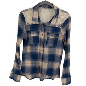 Vintage Mudd Womens Y2K Guazy Plaid Button Up With Lace Back Size Medium Blue